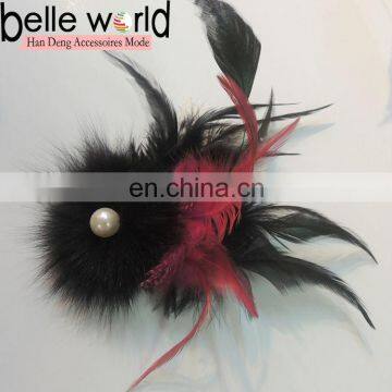 Black Feather Hair Clip or Brooch With Beads and Crystal For Women