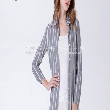 Long Sleeve Strip Linen Casual Shirt With Waist String