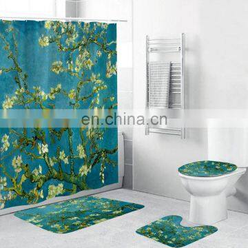 New Design 4 Pcs Shower Curtain Set With Non-Slip Rug Toilet Lid Cover Bath Mat and Vintage Shower Curtain Set for Bathroom photo-4