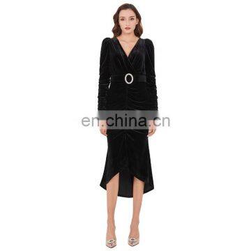 TWOTWINSTYLE Elegant Dresses For Women V Neck Long Sleeve High Waist With Belt Slimming Ruched Patchwork photo-2