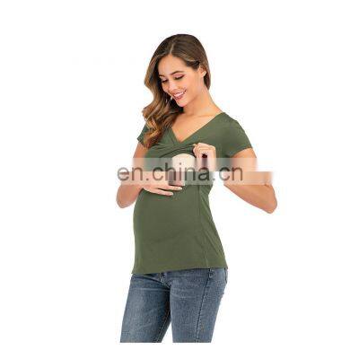 Pregnant Women's Sandal Party Wear Women's Gym Wear Set New Style Short Sleeve Deep V-Neck Solid Color Cross Breast And photo-3