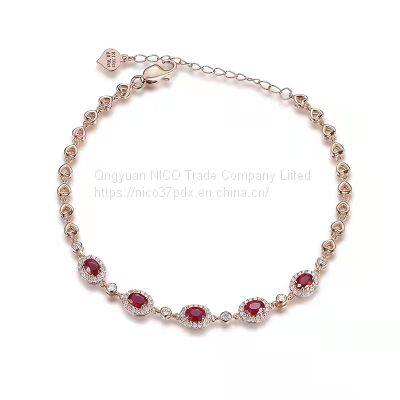 Treasure Diary Fine Jewelry Natural Pigeon Red Blood Gem bracelet Women's 18K Rose gold diamond bracelet set