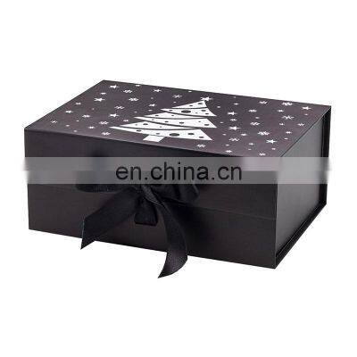 Customize a5 deep black merry Christmas Xmas eve gift presentation boxes with ribbon