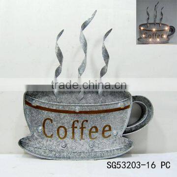 metal coffee cup wall art with light effects