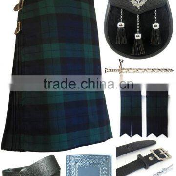 Scottish Black Watch 8 Yard Kilt Set Made Of Fine Quality Wool Tartan