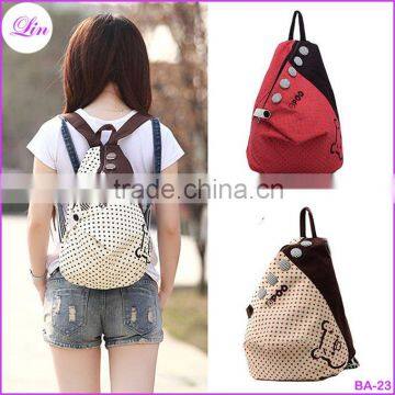 New Fashion Women Backpack Contrast Polka Dot Button Decoration Canvas Shoulder Bag Khaki with Red Dot