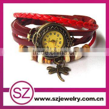 Red color leather with dragonfly small face watches leather charms bracelet watches men