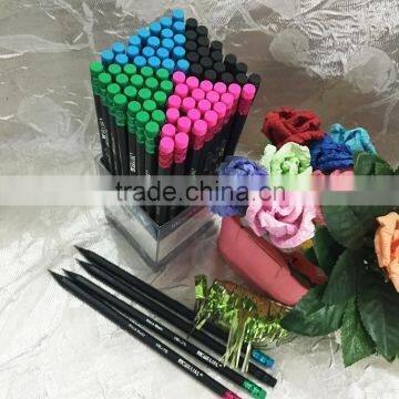 Standard size hexagonal shape 72pcs black wood HB pencil with color eraser