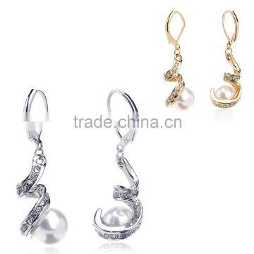 Fashion Designs New Model Jewelry 18k Gold Plated Austrian Crystal Dangle Double Pearl Earring