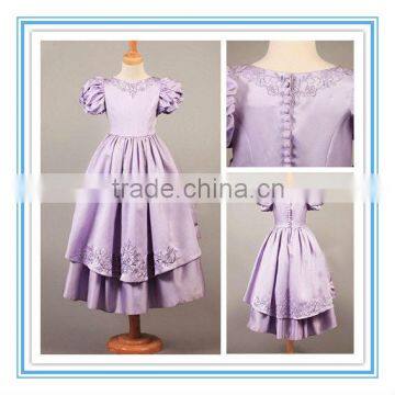 Real Sample Satin A-line Short Sleeve Embroidery Purple Flower Girl Dresses (FLSB-3002)