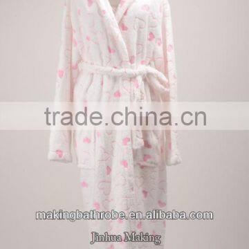 OEM service love heart shape printed high grade women flannel /fleece polyester bathrobes