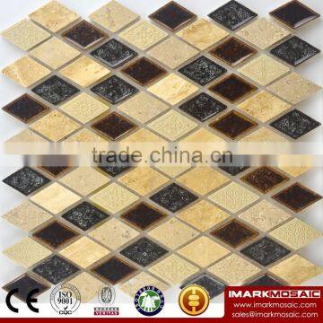 Imark Rhombus Shape Crackle Glazed Ceramic Tile Mix Yellow Travertine Marble Mosaic Tile & Ceramic Carve Patterns Kitchen Backs