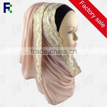 Yiwu wholesale lace border glitter jersey hijab muslim women hijab scarf