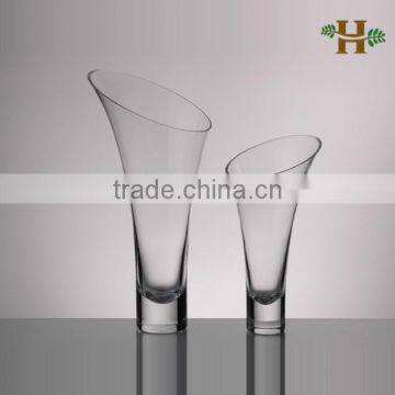 Clear horn shaped slanted opening glass vase, wholesale handmade cheap oblique home use glassware