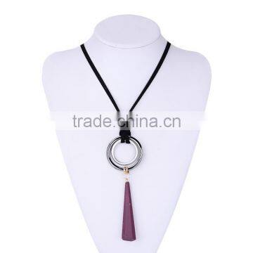 Silver Double Hoops Geometric Rubber Pendant Necklace Suede Velvet Leather Necklace Geometric Long Sweater Necklace