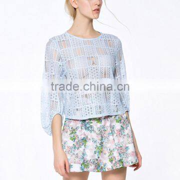 Fashion Latest Trendy High Fashion Crochet Fabric Women Transparent Blouse With Half Sleeve photo-6