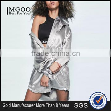 MGOO New Arrival Custom Zip Up Silver Jackets Satin Blazers Stretch Waist Fashion Streetwear Jackets