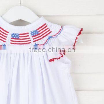 2017 White Summer Baby Short Sleeve Stars and Stripes Smocked Dress Children Frocks Designs for Kids Clothing photo-3