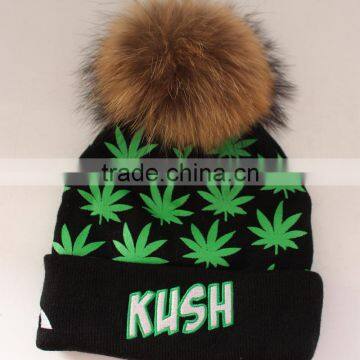 Myfur Adult Screen Green Leaf Printed Skull Hat With Real Fur Pom Pom