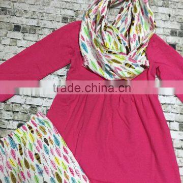 Christmas Winter Clothing Girl Kids Feather Print Pant Scarf Clothes Hot Pink Top Baby Kids Wear Set photo-3