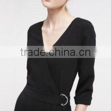 Casual Black V-neck With Belt One Piece Suit Design Trousers photo-2