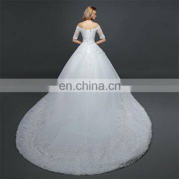 HS1629 2017 Luxury Off-shoulder Long Train Lace Appliqued Puffy Wedding Gowns photo-3