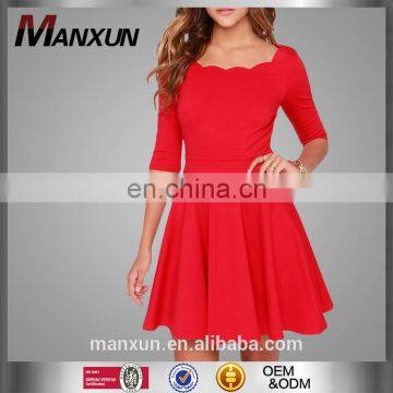 Beautiful Red Dress Wave Round Neck Five Points Sleeve Design skirt