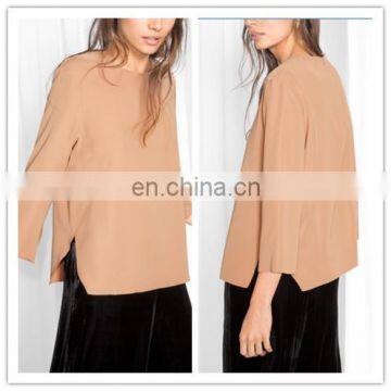 2016 Fantastic Dark Beige Round Neck Long Sleeves Slit Blouse (16102601)