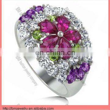 Sterling Silver Multicolor Cubic Zirconia Flower Dome Right Hand Ring - Nickel Free Fashion beautiful jewelry for girl