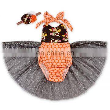 Children Happy Halloween Party Glitter Halter Romper Costume Tulle Dress Headband Set