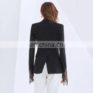 TWOTWINSTYLE Casual Patchwork Lace Blazer For Women Notched Long Sleeve Black Blazers photo-6