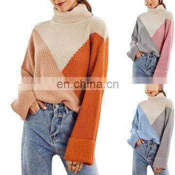 AMAZON Hot selling women Long sleeve panels color turtleneck knitted pullover sweater