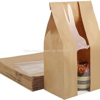 Brown Paper Bread Loaf Bag Kraft Food Packaging Storage Bakery Bag with Front Clear Window 4.7x1.9x9.4inch