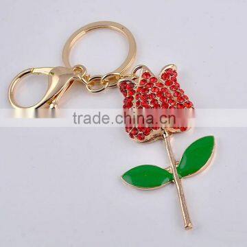 customized metal key chain Rose flower llavero with diamante con flor rosa