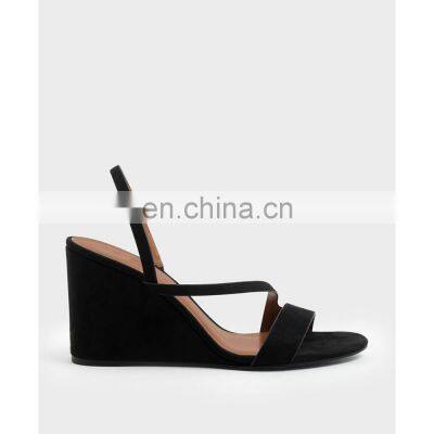 Women latest design asymmetric strap stretchable sling back with ankle wedges heel sandals shoes