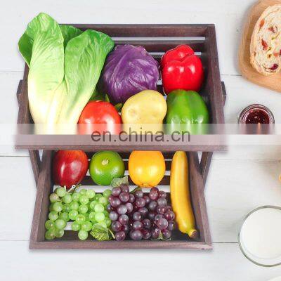 Nature Wood Fruit Basket 2 Tier Fruit Stand Countertop Fruit Holder For Kitchen photo-3