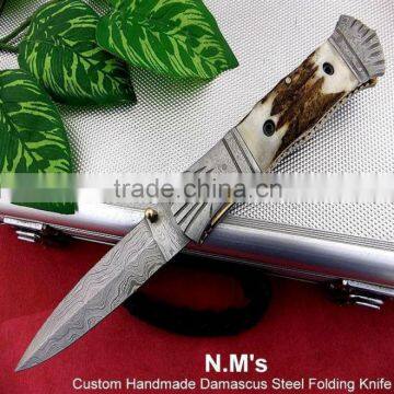 udk f209" custom handmade Damascus folding knife / pocket knife with Damascus steel bolster and Stag handle