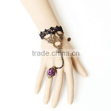 Black Gothic style Lace Ring Chain Bracelet Party Jewelry Set for Women