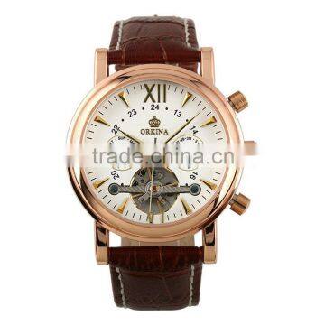 Gents White Dial Leather Strap Tourbillon Mechanical Watch