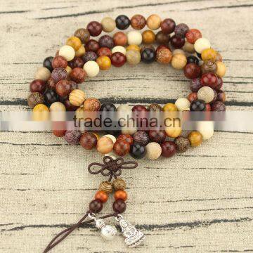 PBB019 Natural Multicolor Wood Buddhist Prayer Mala Beads Necklace,Meditation 108 Mala Beads