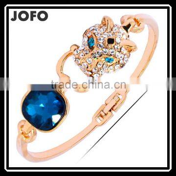 Fashion 18k Gold Plated Zircon Gunmatal Plated Leopard Head Nave Blue Crystal Bangle