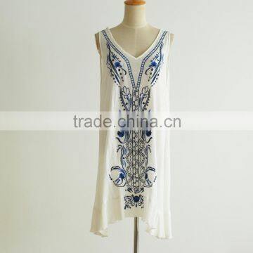 Latest Design Rayon Pleated Sleeveless Embroider Women Casual One Piece Dress