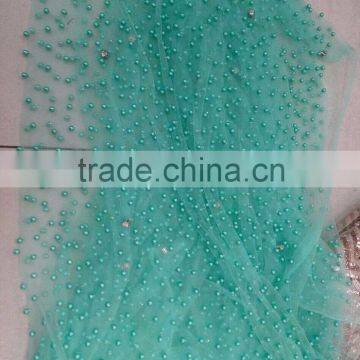 pearls beaded tulle lace fabric french lace fabric in china lace market in aqua