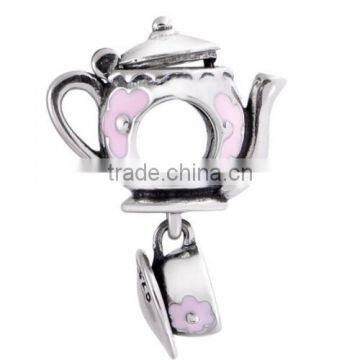 Fashion Women's 925 Sterling Silver Mad Teapot Tea Pot With Cup Enamel Charm Bead