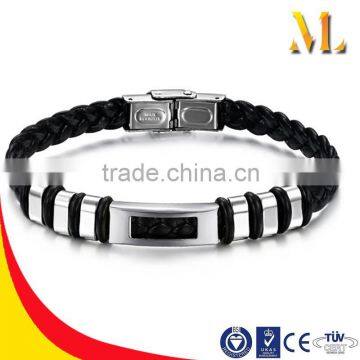 NSSL078 Black Genuine Leather Stainless Steel Bracelet