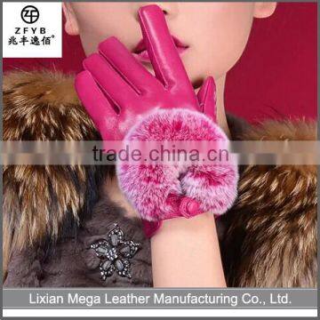 2016 New design Ladies Fashion Sheepskin Leather Gloves with Rabbit fur