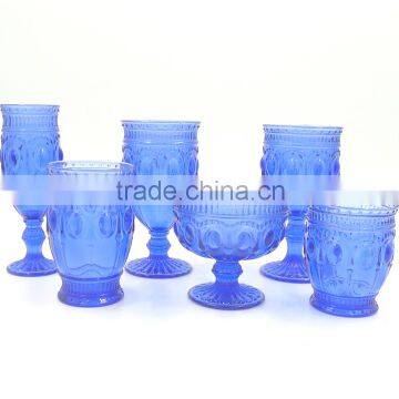press glass drinkingware/goblet, Hiball, DOF, dessert bowl,Champagne flute in cobalt blue color with Jewery patern