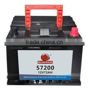 High quality Car battery 57200 DIN Standard 12v72ah auto battery