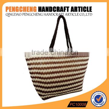 Paper straw beach bag cotton handle and women stripe crochet handbag