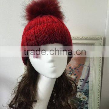 High quality Popular Female multicoloured Hat With Raccoon Fur Ball